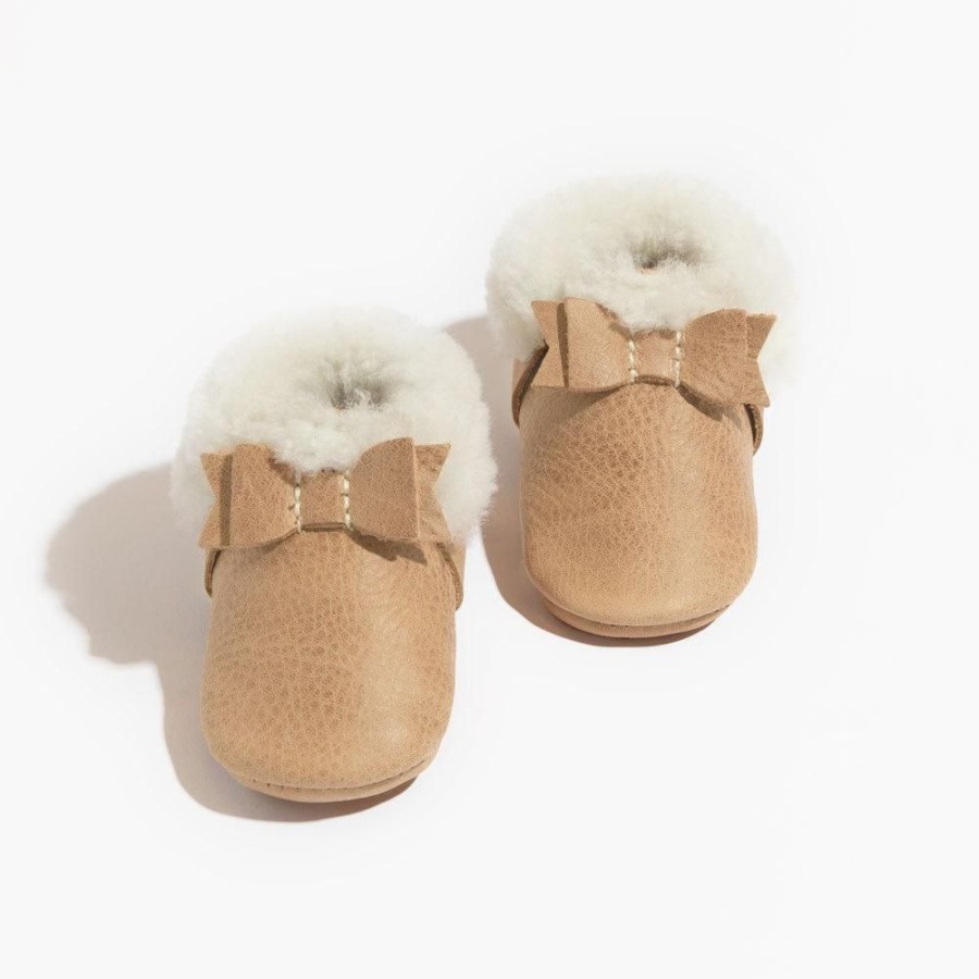 Baby Soft Sole Shearling | Weathered Brown Shearling Bow Baby Shoe