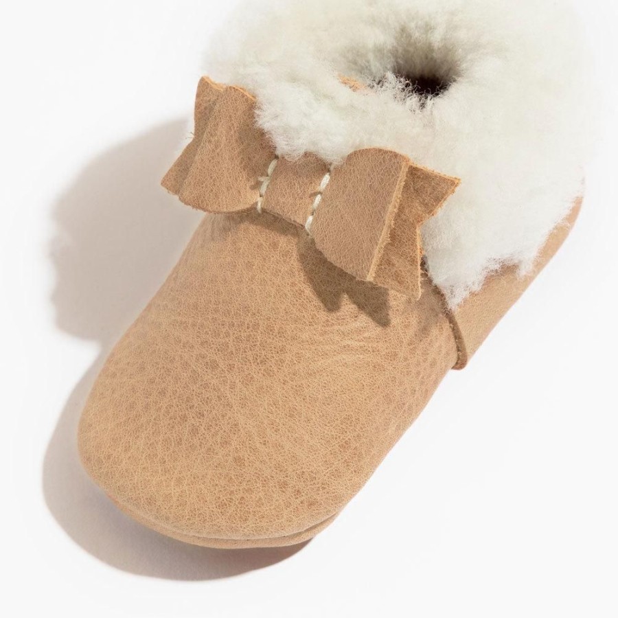 Baby Soft Sole Shearling | Weathered Brown Shearling Bow Baby Shoe