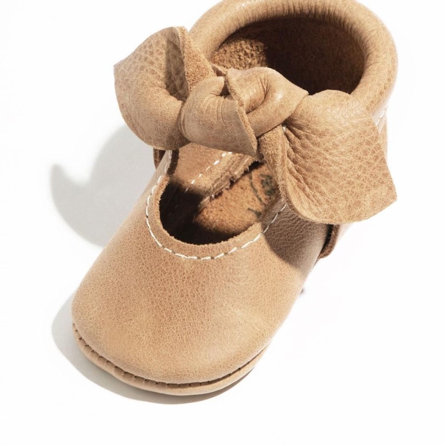 Baby Soft Sole Knotted Bow | Weathered Brown Knotted Bow Mocc | Leather Baby Moccasins