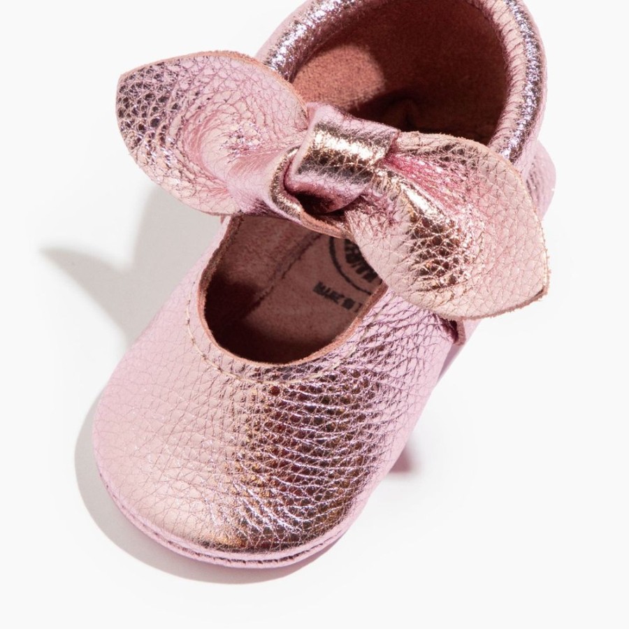 Baby Soft Sole Knotted Bow | Frosted Rose Knotted Bow Moccasins | Soft Leather Baby Moccasins